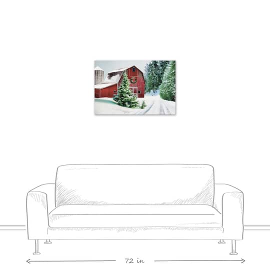 Painted, Snowy Red Barn 30x20 Canvas Wall Art